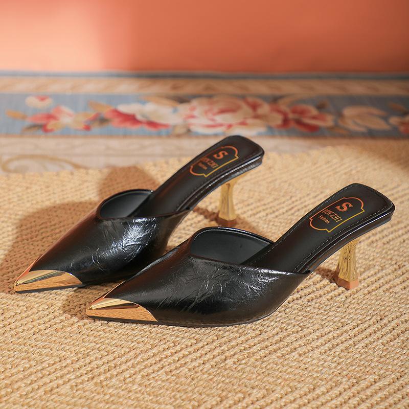 

Баотоу полутапочки женские носят остроносые высокие каблуки толстые каблуки крутые тапочки женские новые тапочки на высоком каблуке большого размера 34 чёрный