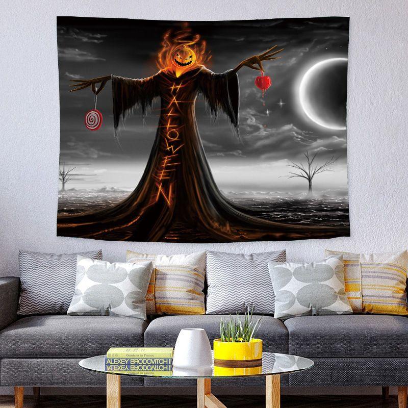 Cartoon Halloween Monster Wall Tapestry Navy Background Ghost Mummy Devil Zombie Pumpkin Grim Reaper RIP Tombstone Bat