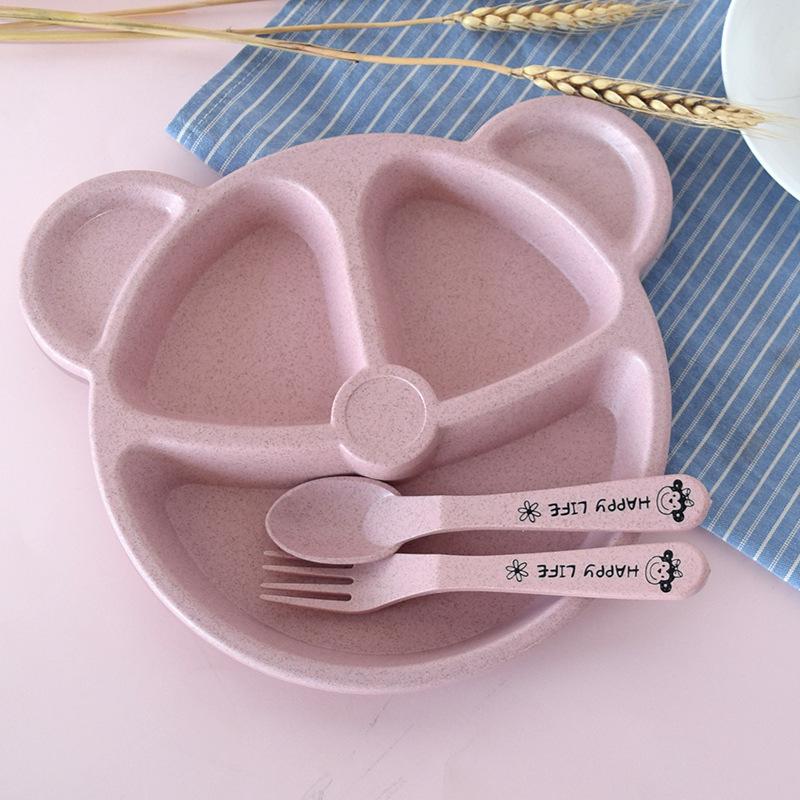 

3pcs Wheat Straw Cartoon Children s Divided Plate Kindergarten Student Bear Tableware Set kids Bento Lunch Tray with Spoon Fork рожевий