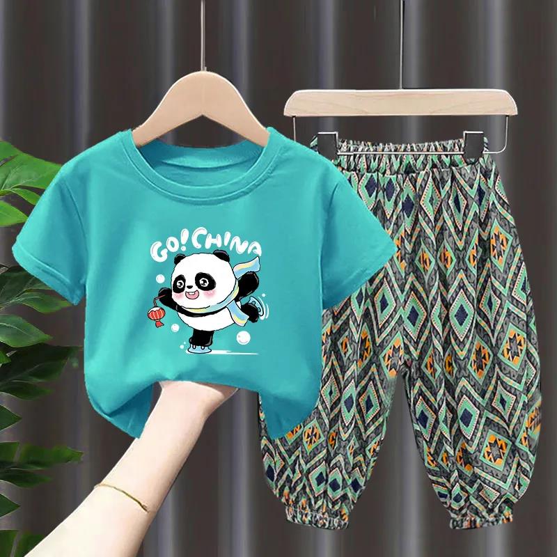 

Комплект с рисунком панды, детский летний тонкий костюм, повседневные брюки + футболка с круглым вырезом и короткими рукавами, комплект из двух предметов 90