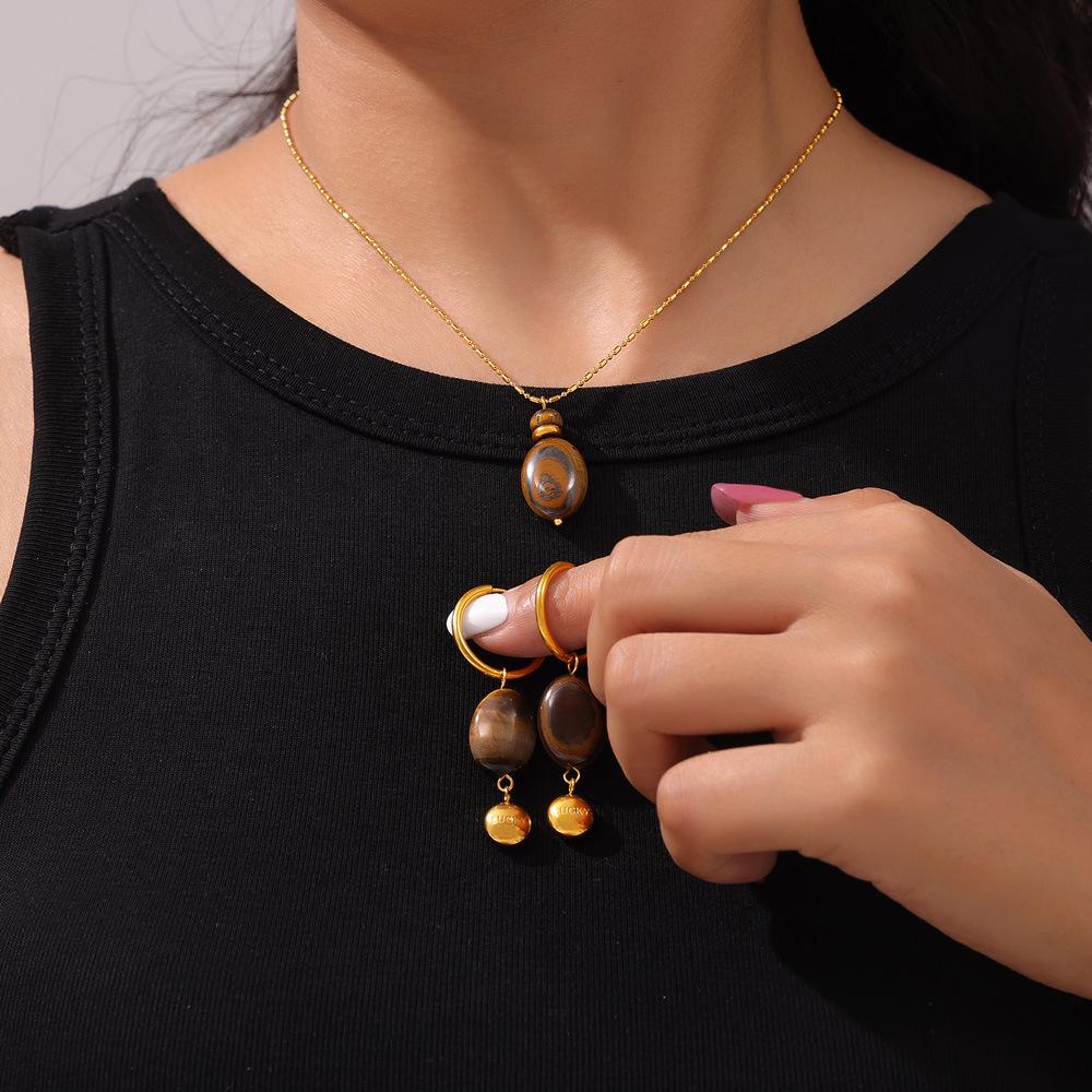 Maillard Geometric Tiger Eye Oval Pendant & Earrings Set In 18K Gold-Plated Titanium Steel