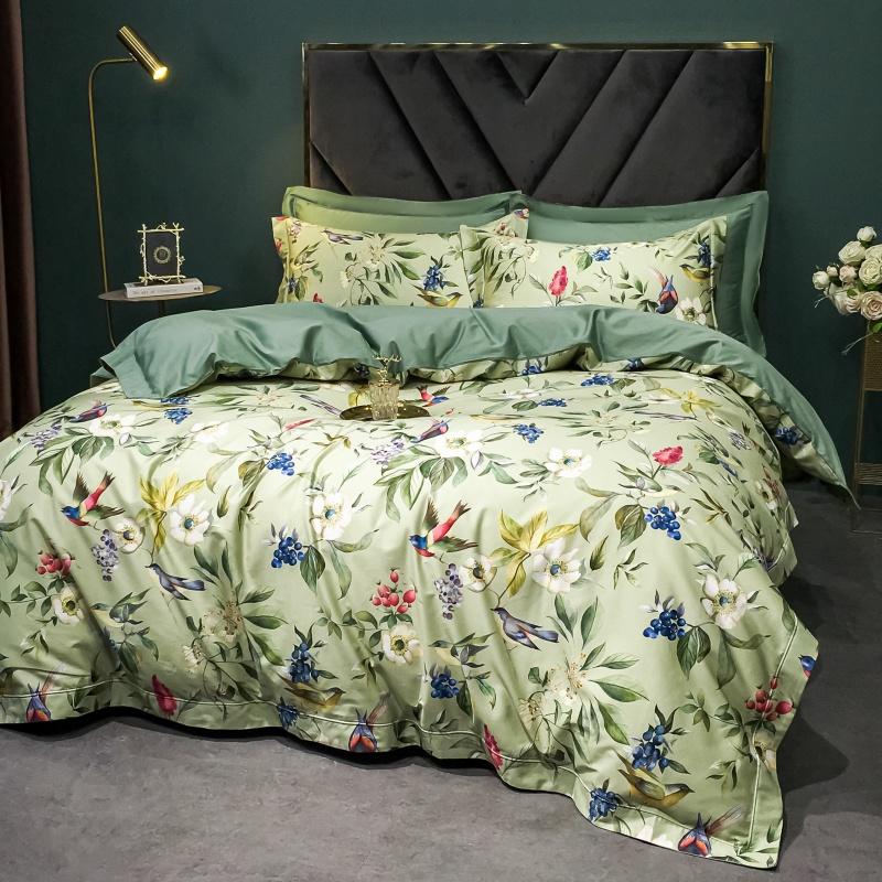 140TC Egyptian Coton Floral Bird Printing Beding Set, Soft Duvet Cover, Bed Shet, Pilowcases, American Style, High-End Premium 4Pcs