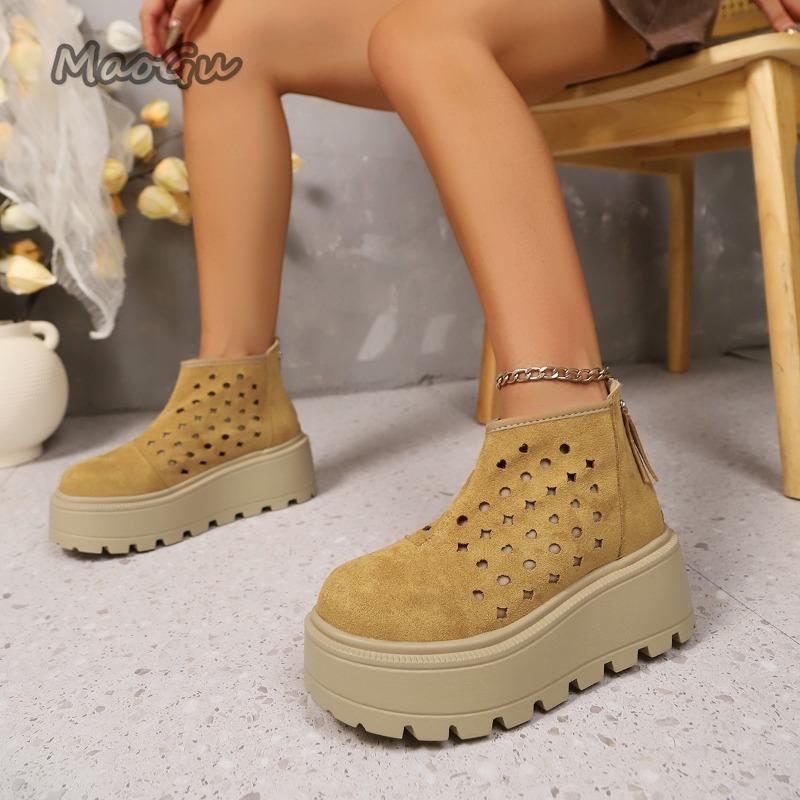Fashion New 2025 Women Summer Boots Thick Bottom Round Toe Hollow Breathable Ankle Boots Fashion Short Botines Size35 42 Botas De Moda