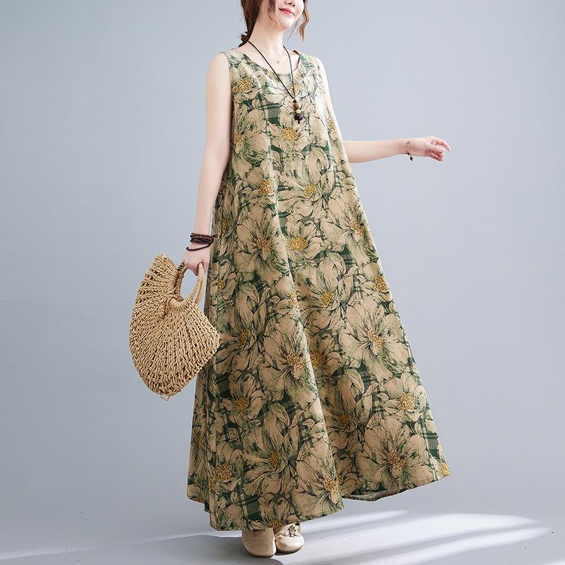 Real shot summer new large size retro literary loose printing sleeveless cotton and linen vest suspender long dress women