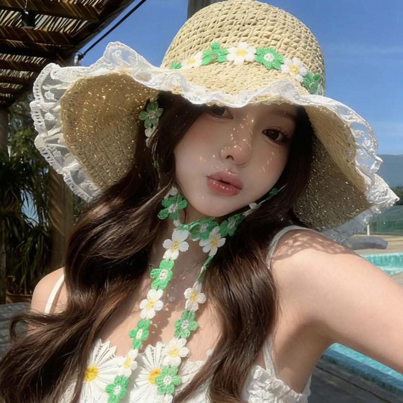 French Floral Lace Tie Straw Hat With Wide Brim Sun Protection For Beach Vacation бежевый