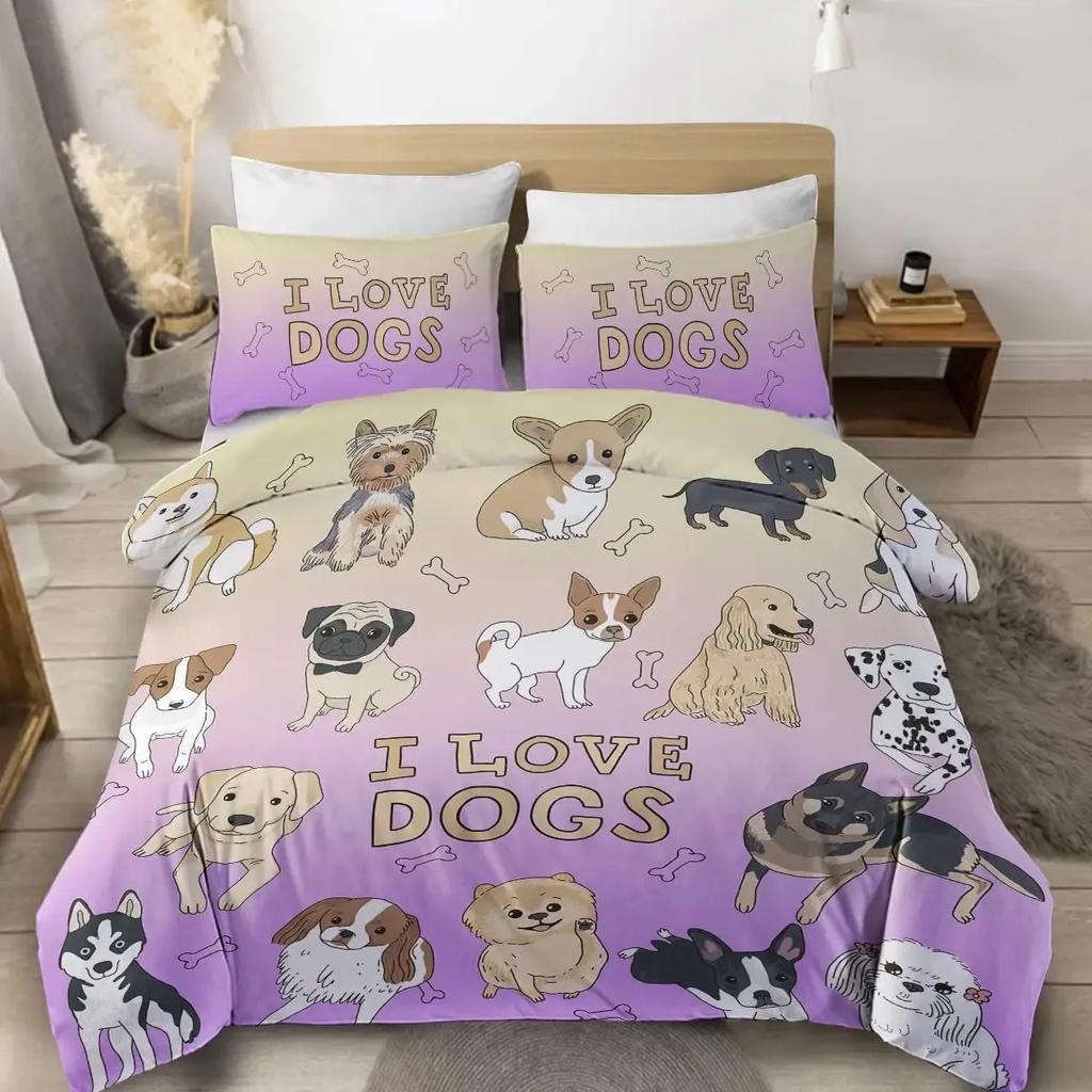 Cute Dogs Print Bedding Set Puppy Animal Duvet Cover Set Watercolor Pastel Dog Paw Comforter Cover Pug Dog Lover Bed Set