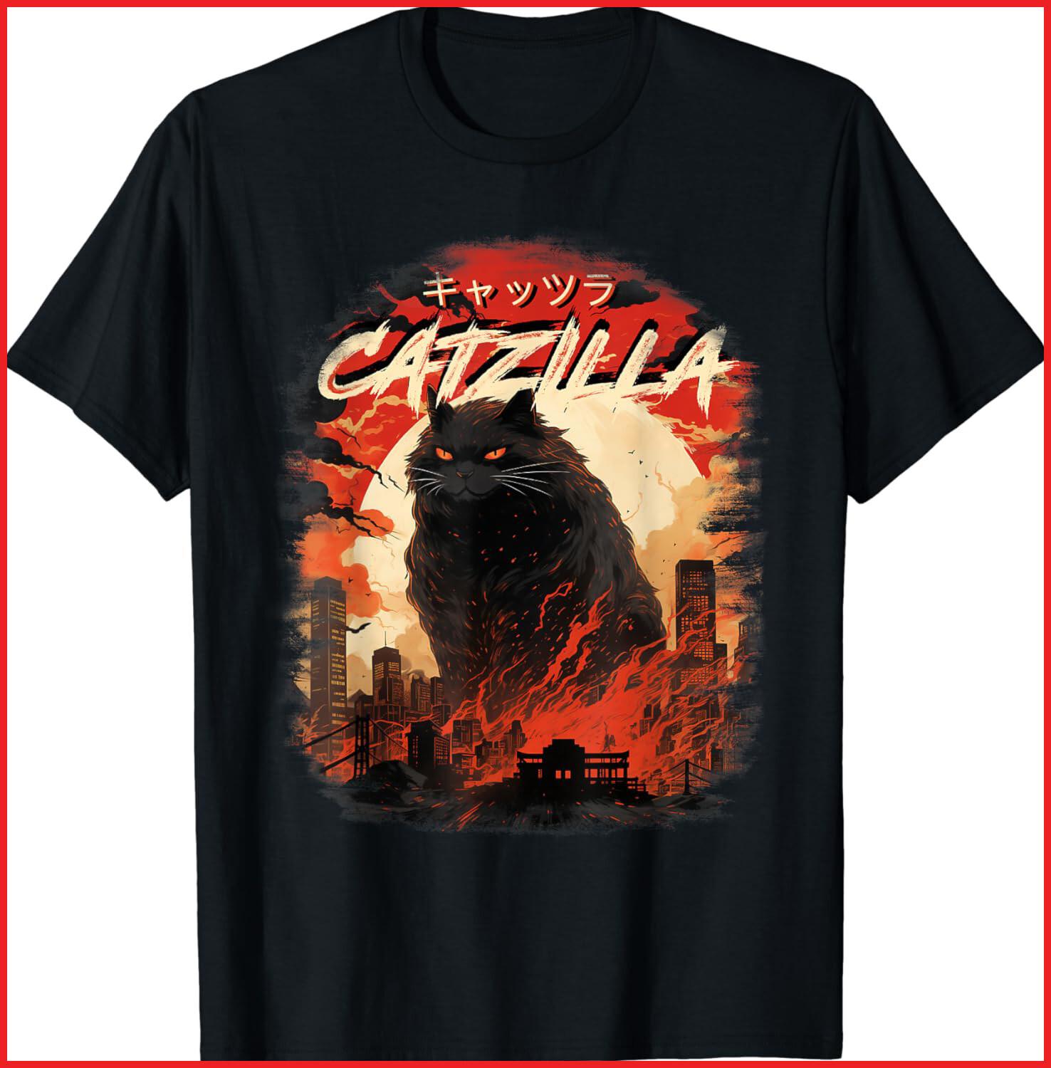 Catzilla Cat Humor Funny Cat Lover Black Cotton T-Shirt S-5XL M
