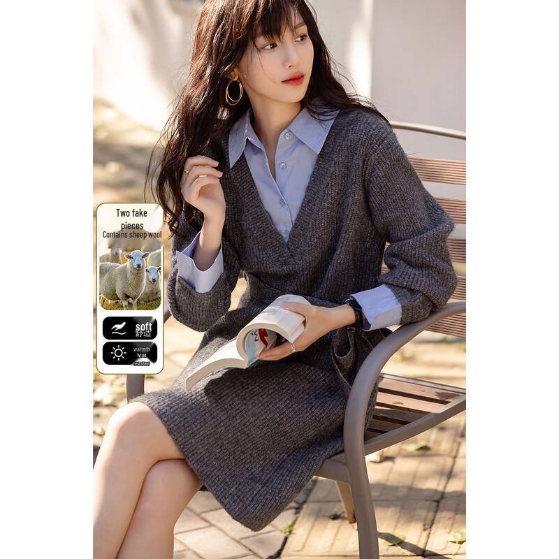 

De Mana Winter Faux Two-Piece Merino Wool A-Line Dress S