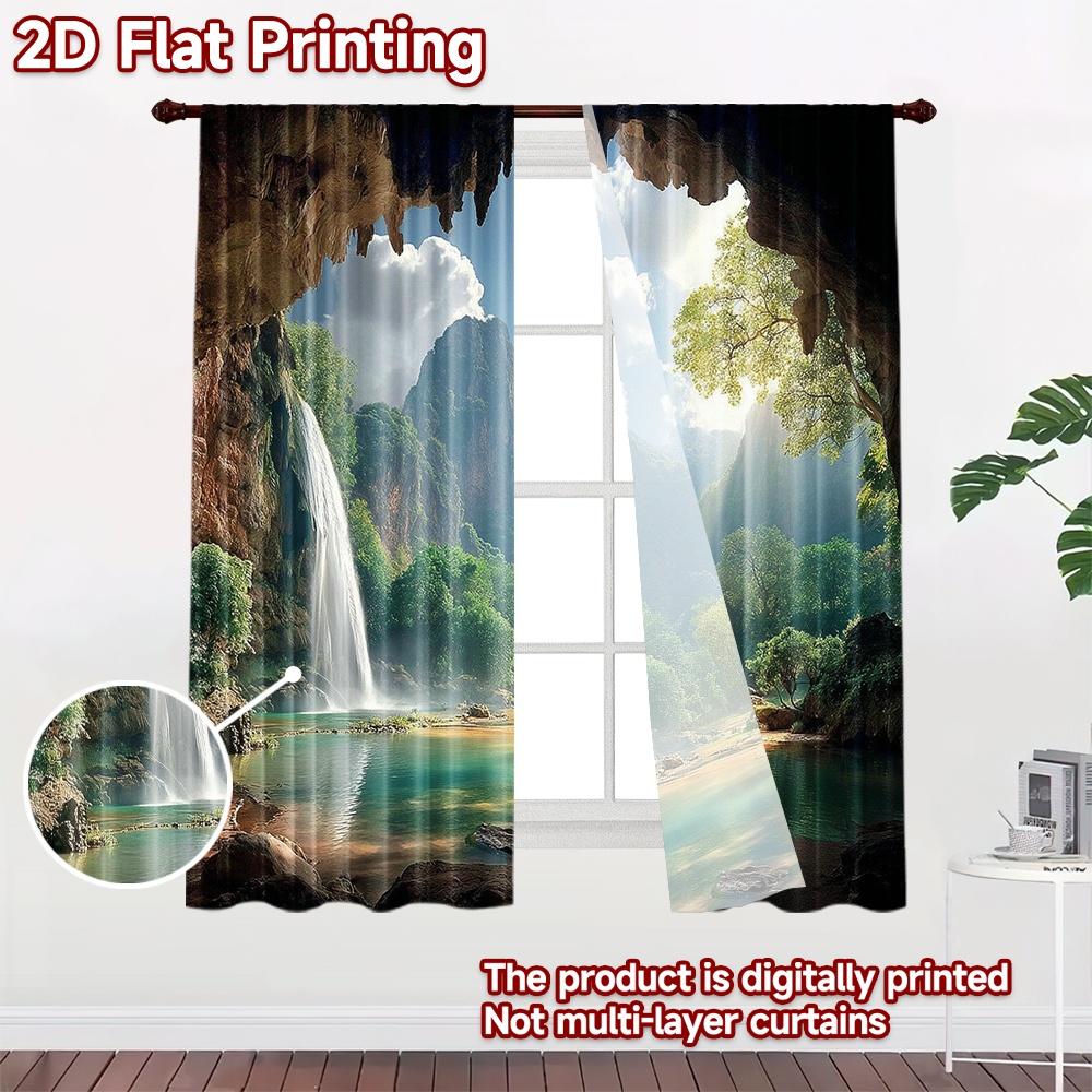 2D Flat Printing 2pcs Party Curtain Cave Waterfall Scenic Mountain Digital Printed Polyester Drapes Festive Holiday Use for