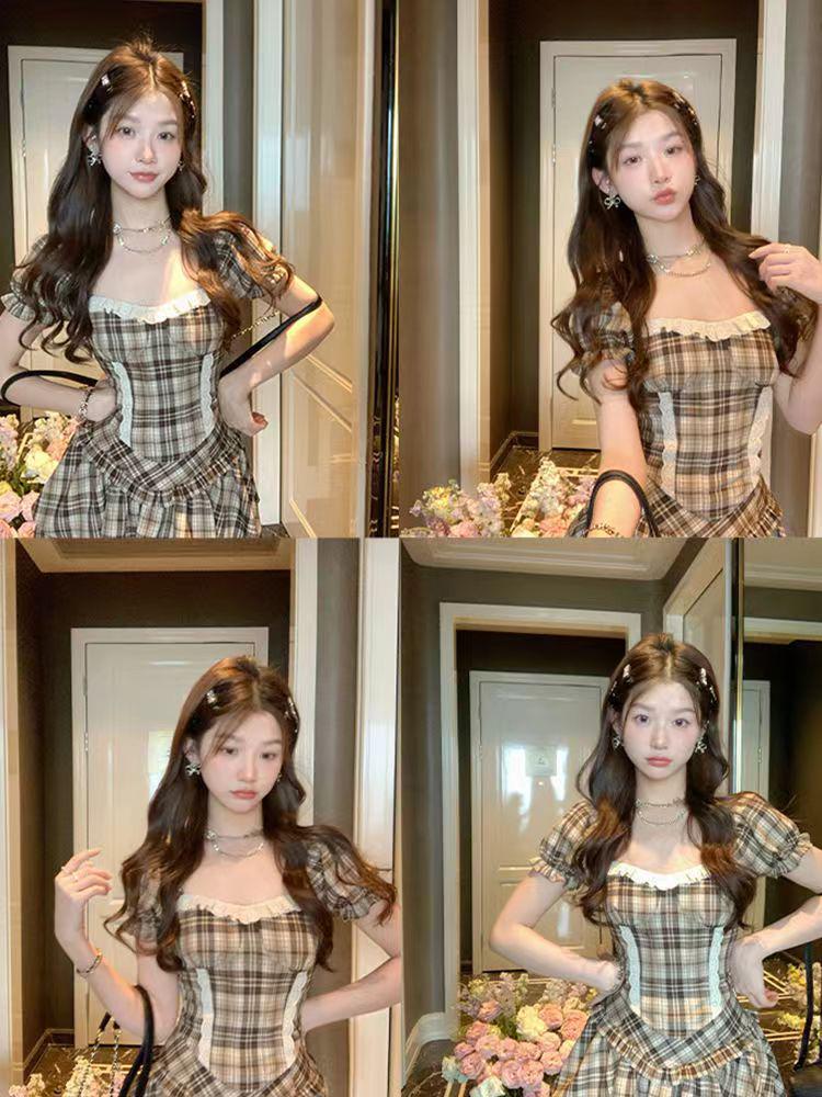 Letní kostkovaný retro oblek 2024: Elegantní košile s krátkým rukávem a volánová nadýchaná sukně pro ženy