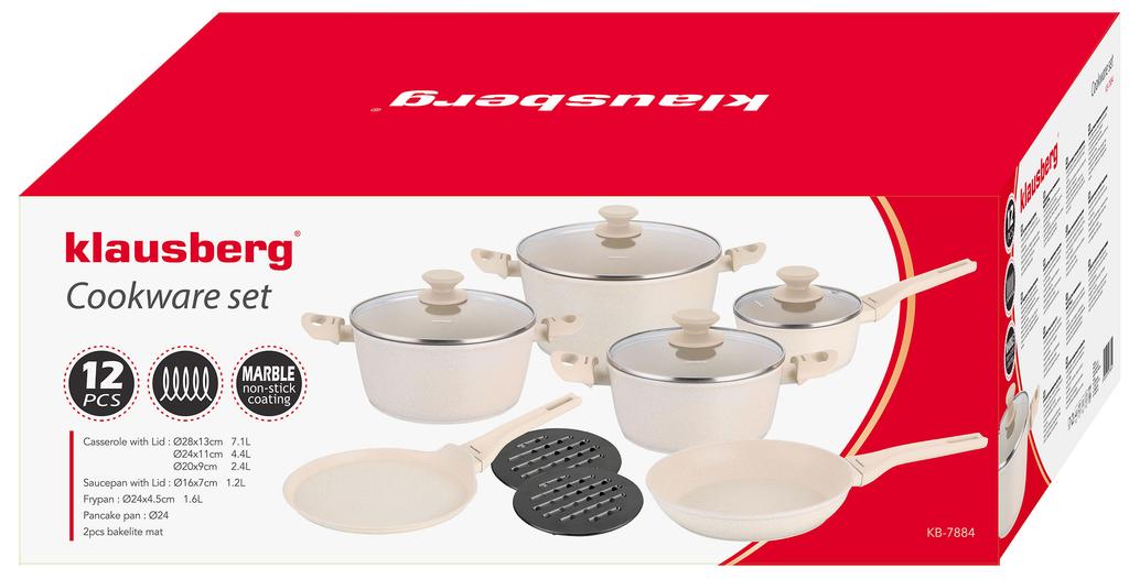 Komplet garnków z marmurkową powłoką nieprzywierającą 12-ele KLAUSBERG KB-7884