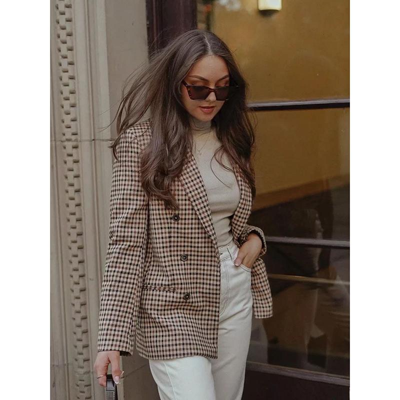 Women Plaid Blazer Autumn Winter Long Sleeve Double Breasted Checked Coat Formal Jacket Suit Lady Outerwear