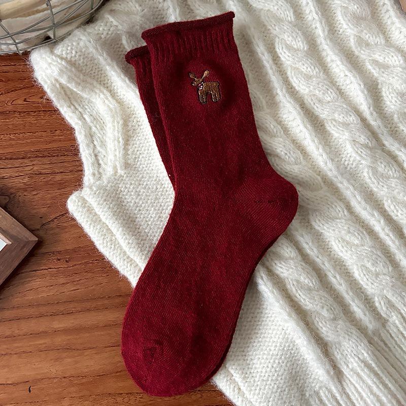 New Year's Wool Pile Socks for Autumn and Winter, Bright Red Warm Cartoon Embroidery Mid-calf Solid Color Striped Twisted Socks for Women