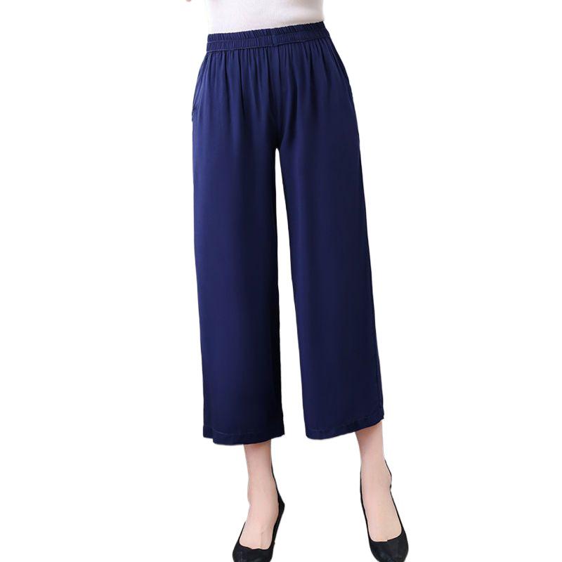 2026 Summer Solid Color Loose Straight Cropped Cotton Silk Pants for Middle-Aged and Elderly Women