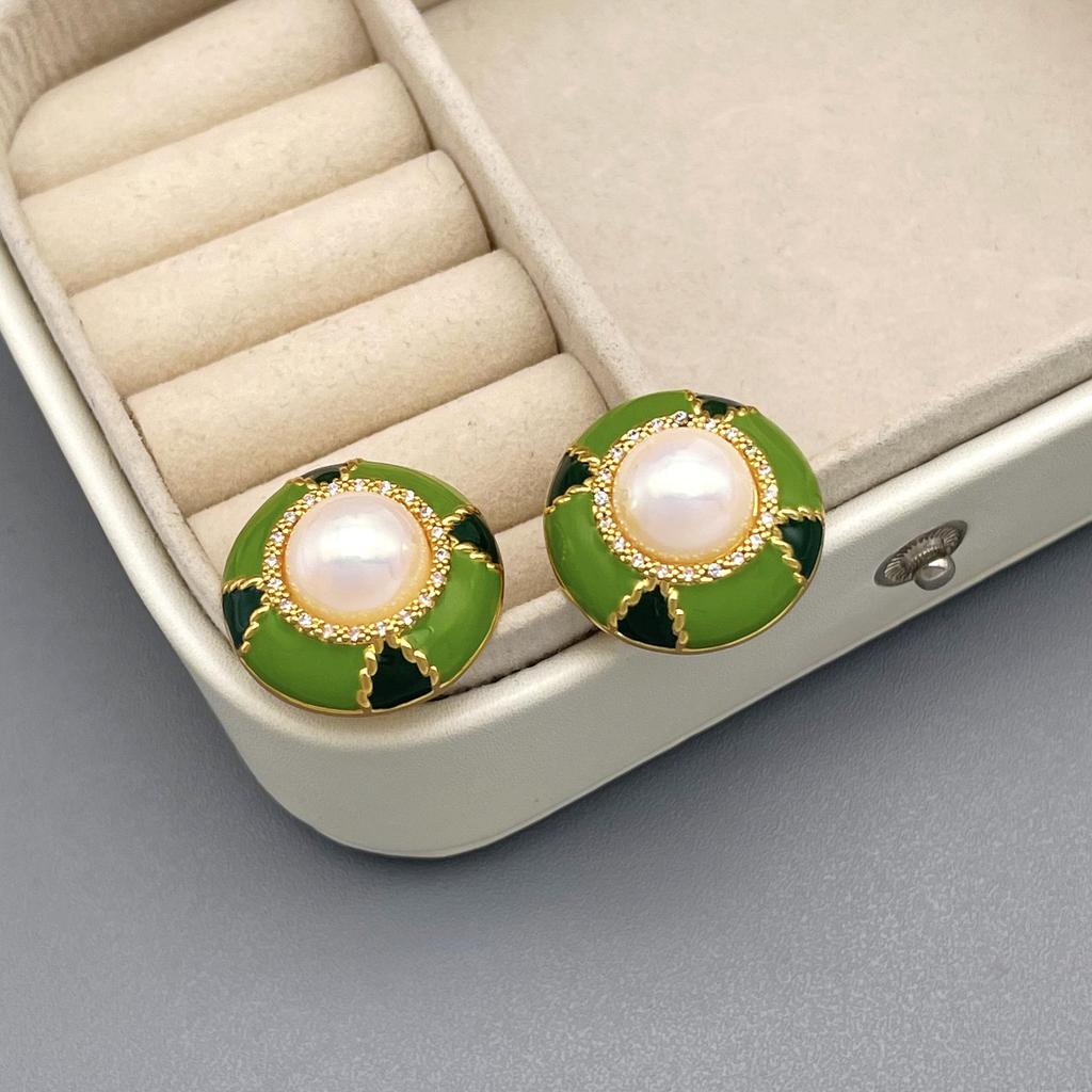 Retro Round Color Block Enamel Pearl Rhinestone Stud Earrings: Fashionable, Elegant, High-End Temperament