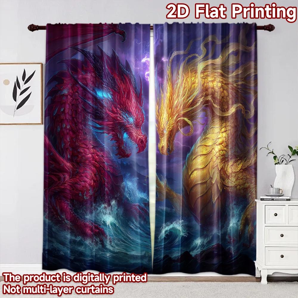 2D Flat Printing 2pcs Curtain Curtains Epic Dragon Battle Scene Digital Printed Polyester Drapes Party Decorations for Indoor