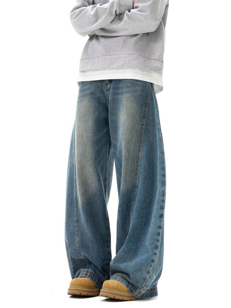 Men's Retro Patchwork Scimitar Jeans: Loose, Oversized, Deconstructed Wide-Leg Pants