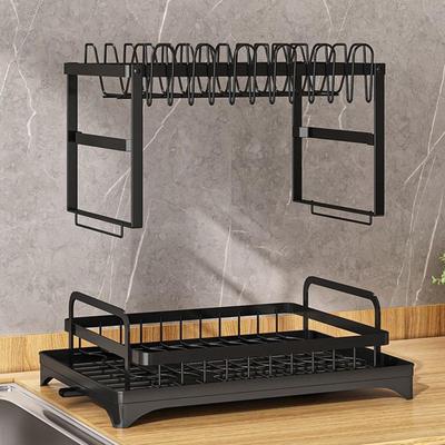 Dish Drainer 2-Tier With Utensil Holder Storage Dish Racks For Kitchen Counter Sink Home Apartment Dorm Pantry Cup Mug Cutlery