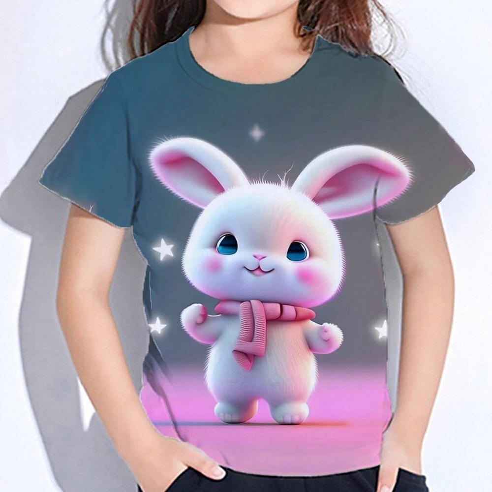 Girl Clothes Children T-Shirt Short Sleeve Cute Rabbit Print Kids Summer Clothes Casual Fashion O-Neck Tops Children's Clothing