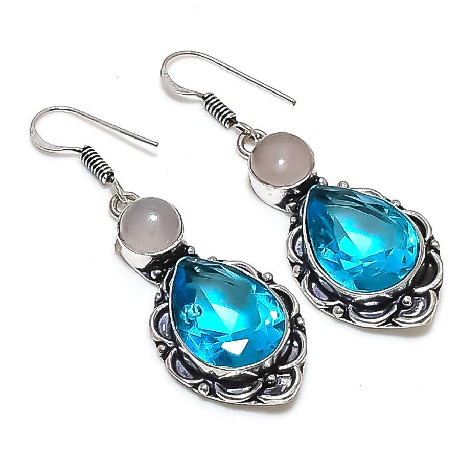 Natural Swiss Blue Topaz, Quartz 925 Sterling Silver Jewelry Earring 2.13" P5Y79