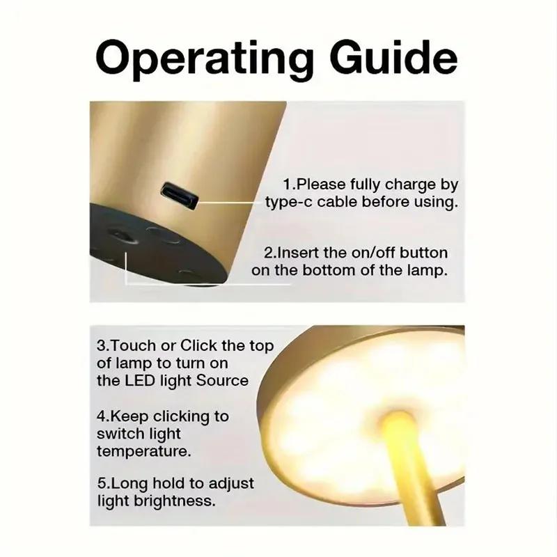 Modern LED Touch Control Metal Table Lamp USB Rechargeable, 3-Color Dimmable Desk Light for Bedroom, Living Room, Office, Home Decoration