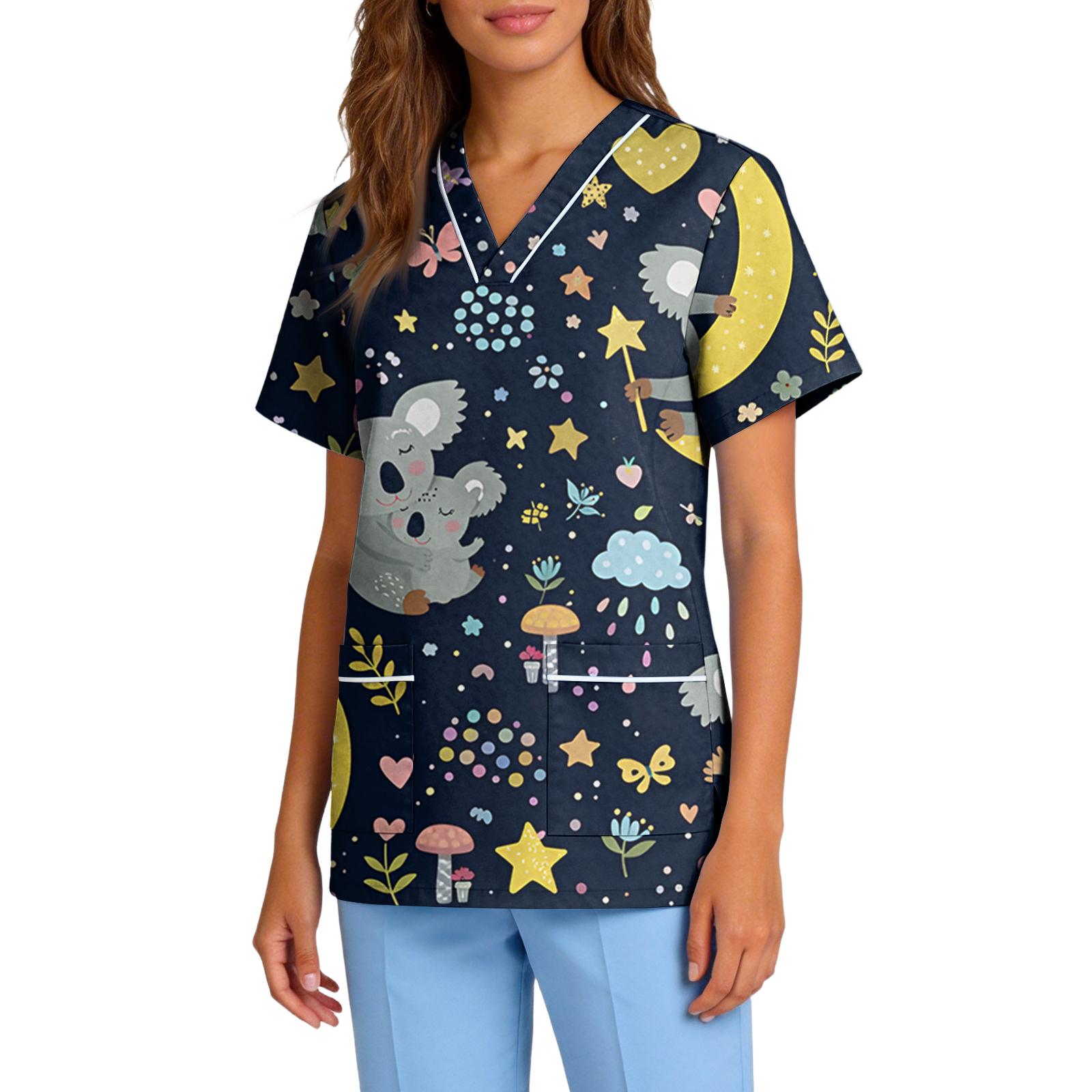 

Women s Stretch Quick-Dry V-Neck Short Sleeve Workwear Top with Animal Print & Pockets XL