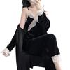 Golden Velvet Pajamas Women's Autumn and Winter Senior Sense with Chest Pads Three-piece Set, Spring and Autumn Sexy Lace Suspender Nightgown Set