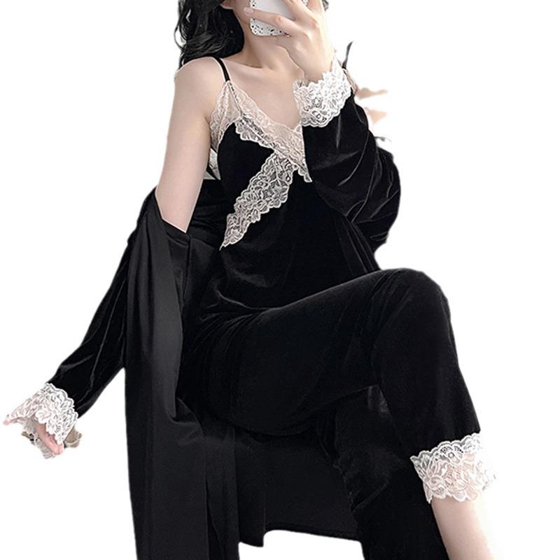 Golden Velvet Pajamas Women's Autumn and Winter Senior Sense with Chest Pads Three-piece Set, Spring and Autumn Sexy Lace Suspender Nightgown Set
