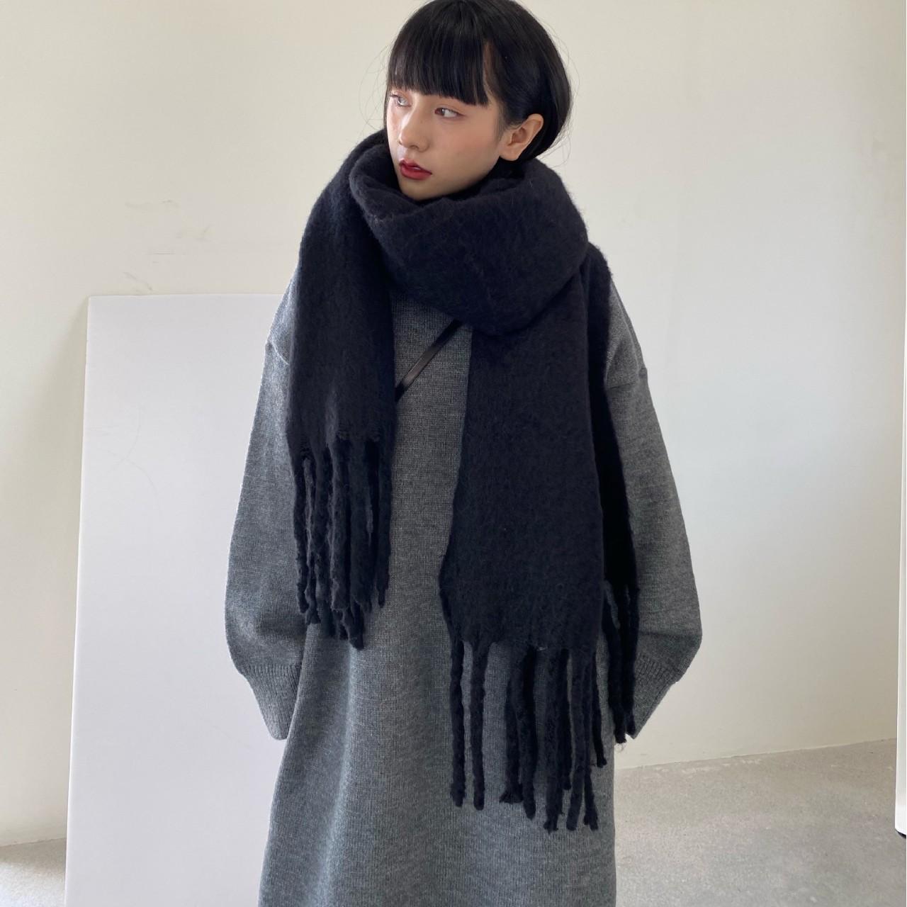 

Winter Korean Blue Solid Color Thick Fringe Scarf Unisex Fleece-Like Cashmere Thickened Warm Large Shawl One Size