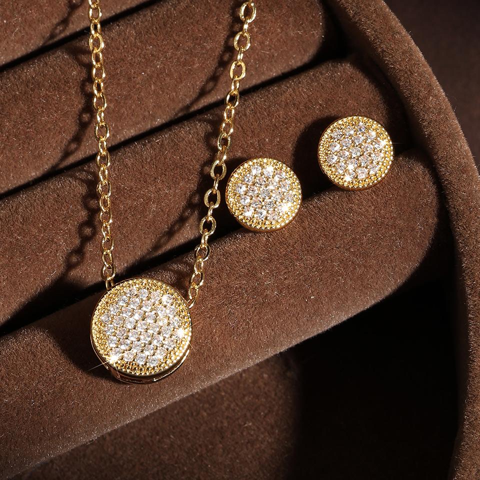 ZAKOL Shiny Micro-set Zircon Round CZ Stud Earrring Necklace Set for Women Exquisite Engagement Party Zircon Sets
