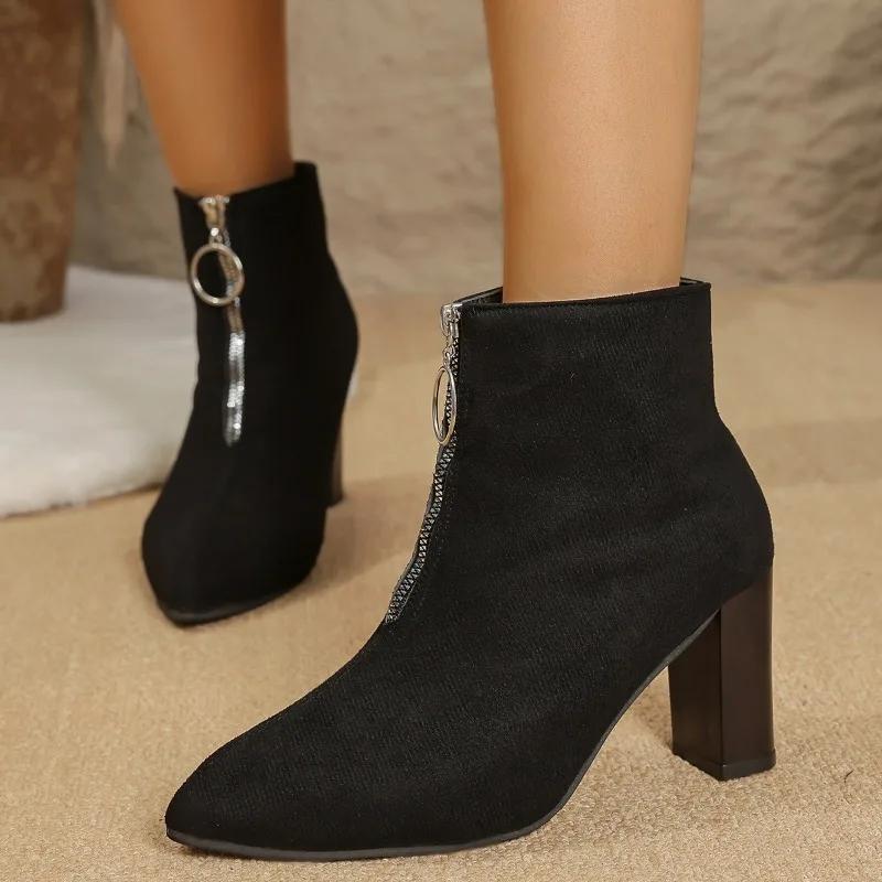 2025 Stylish Women's Boots Pointed Toe Thick Heel High Quality Leather Autumn Mature Ankle Boots Casual Comfortable Shoes Ladies