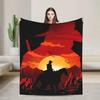 Vintage Western Cowboy Double Exposure Sunset Mountain Flannel Blanket, Red Orange Desert Cactus Horse Rider Silhouette Soft Fle