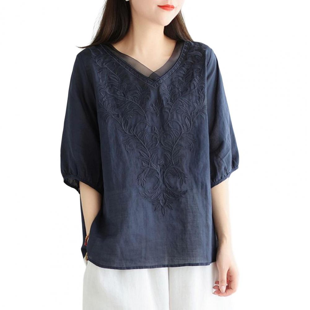 Women Loose Style Top Stylish Women's Embroidered V-neck Tops for Spring Autumn Loose Fit Commuting Style Blouses with Half