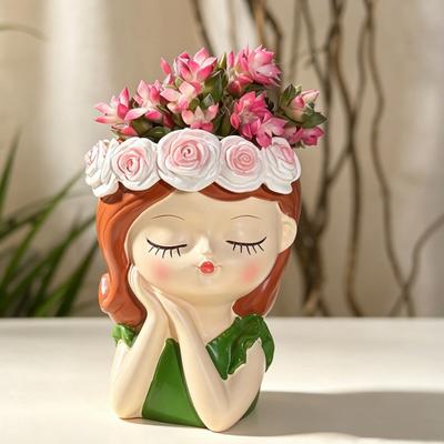 Desktop Flower Pot Cute Girl Resin Planter, Head Planter with Rose Garland, Decorative Indoor Plant Container for Succulents Cactus Desk Decor