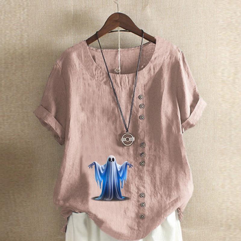 Women's Fashion Ghost Prined Round Neck Short Sleeve T-shirt Casual Cotton Linen Graphic Shirt Leisure Loose Summer Blouse Tops