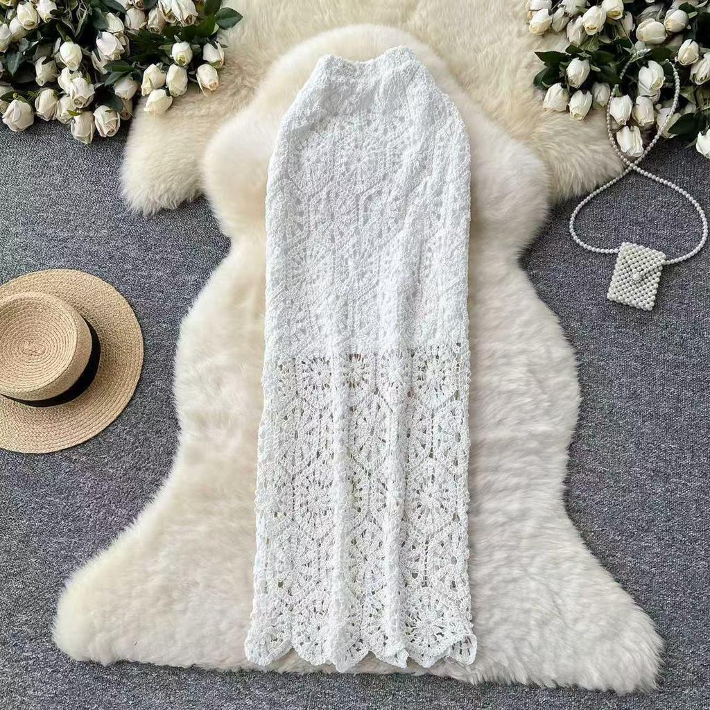 Bohemian Women's Resort Skirt: Korean-Style Embroidery, Crochet Knit, Drawstring Waist, Versatile Large Hem Hemline.