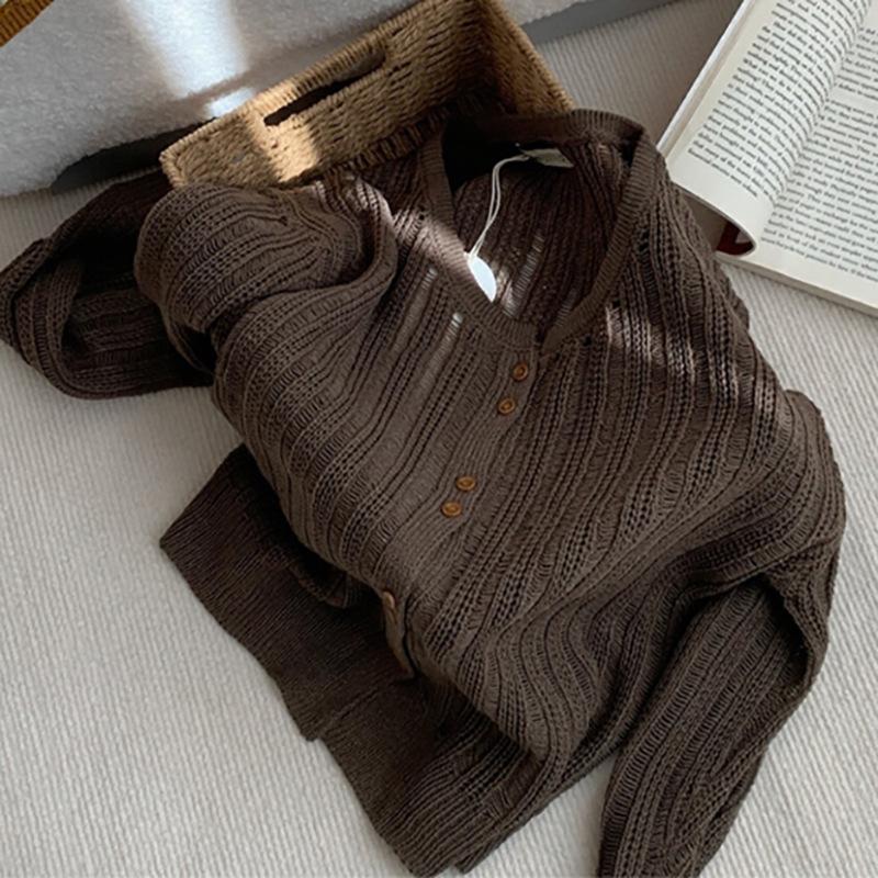 

Однобортный ажурный трикотажный кардиган с длинными рукавами женский осенне-зимний с чувством дизайна свободный и тонкий универсальный верхняя одежда L кофейный