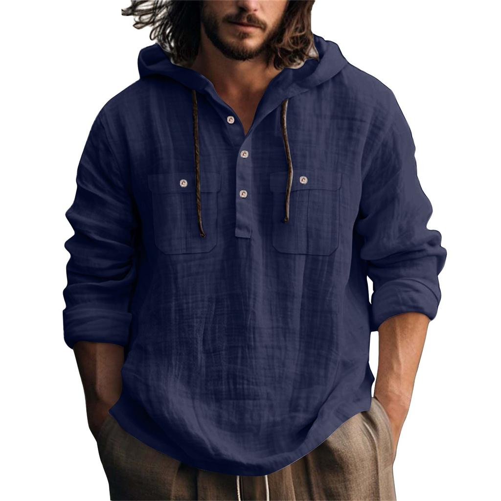 Men's Summer Solid Color Pockets Cotton Linen Long Sleeve Button Hooded