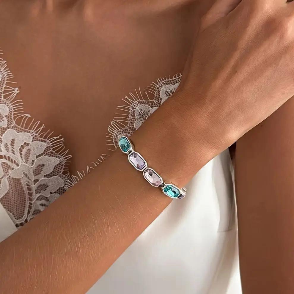 New Bohemia Colorful Square Glass Drill Bangle Bracelet for Women Trendy Luxury Handmade Elastic Bracelets Y1K Jewelry New