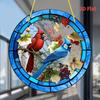 2D Flat Cardinal & Bluebird Stained Glass Decoration Sign, Autumn Leaves & Berries Design, Home Decor Plaque Hanging Wall Art Decorative Garden Decora