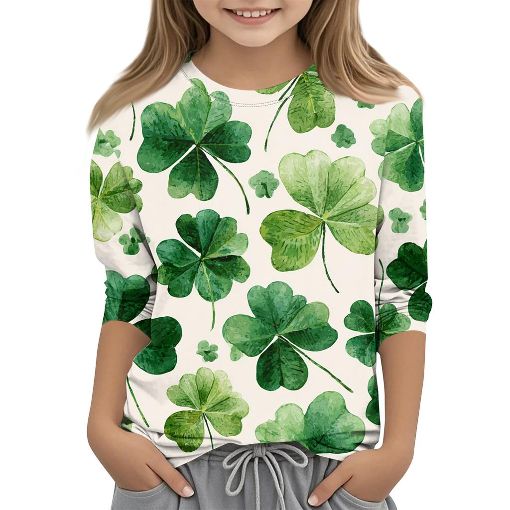 St. Patrick's Day Print Tops Für Jugendliche Mädchen 4-11 Jahre Rundhals 3/4 Ärmel T-Shirts Trendige Tops Outfit T-Shirts