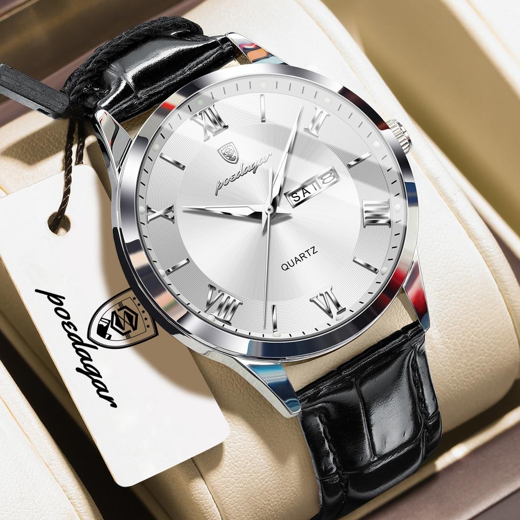 POEDAGAR Top High Quality Man Clock Leather Date Week Quartz Fashion Men Watch Waterproof Luminous Business Casual Men's Watches