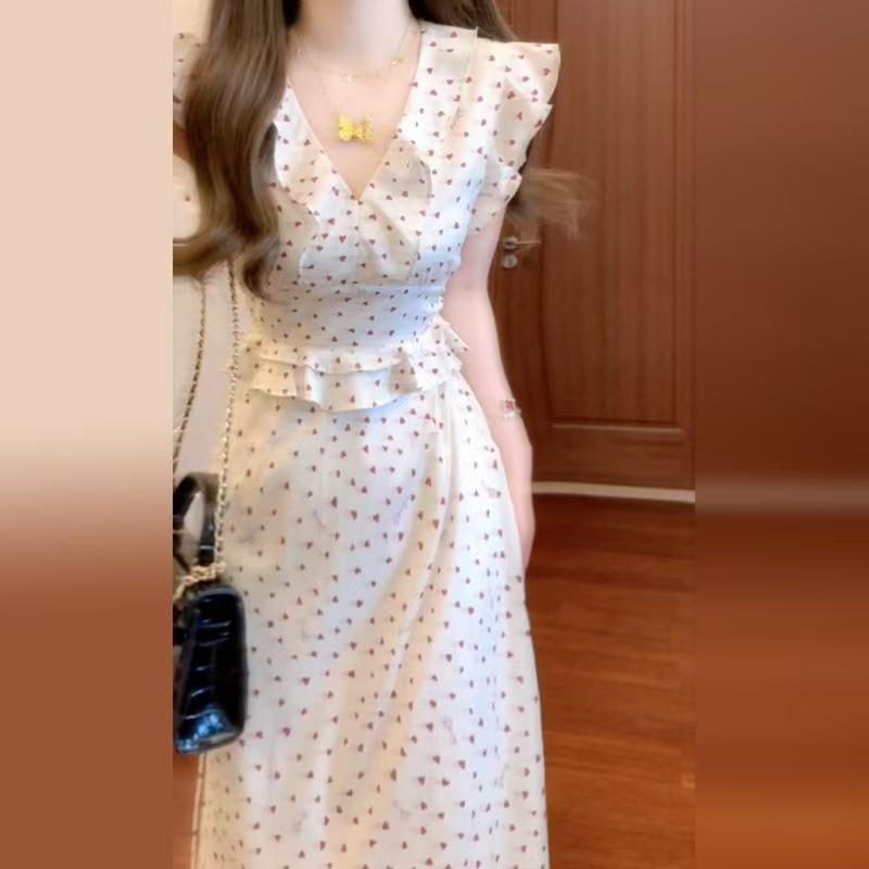Women's V Neck Sleeveless Midi Dress High Waist Casual Summer Printed Maxi Dress