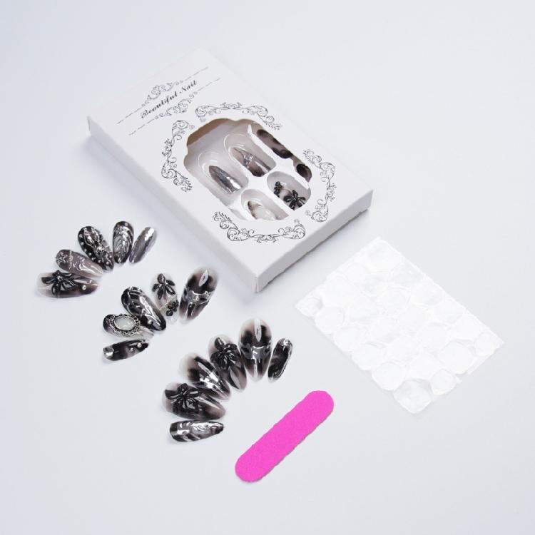 DIY Manicure Set Press On Manicure In Gothic Black Silver, Long Almond Shape, 12 Sizes, Adhesive Tabs and File for Dress-Up Looks At Home
