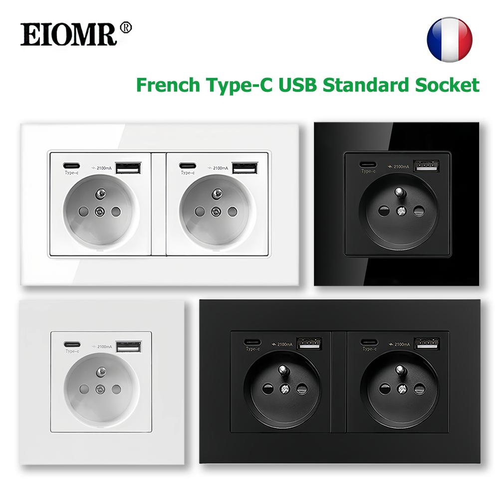 EIOMR France Standard Power Socket, Single Double AC 100~250V 16A White Black Wall Type-C Usb Plugs Outlet for Home Office