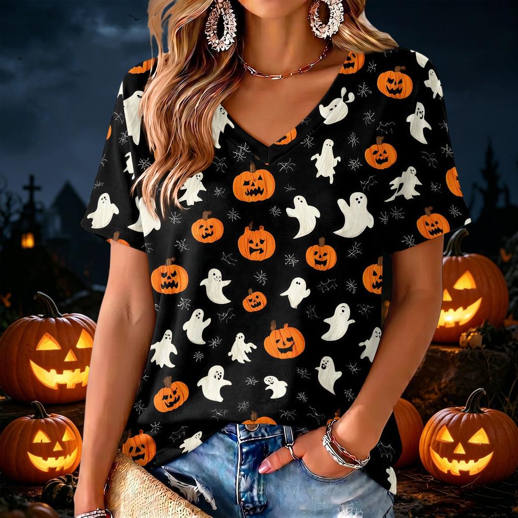 Women's V-Neck Lightweight Halloween Print Top for Spring and Summer