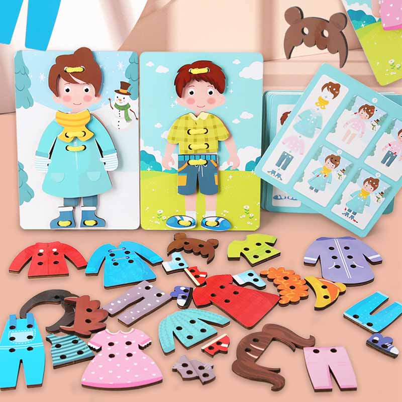 Children Wooden Threading Board Toys DIY Change Clothes Dress-Up Matching Educational Montessori Kids Girl Boy Game Gift
