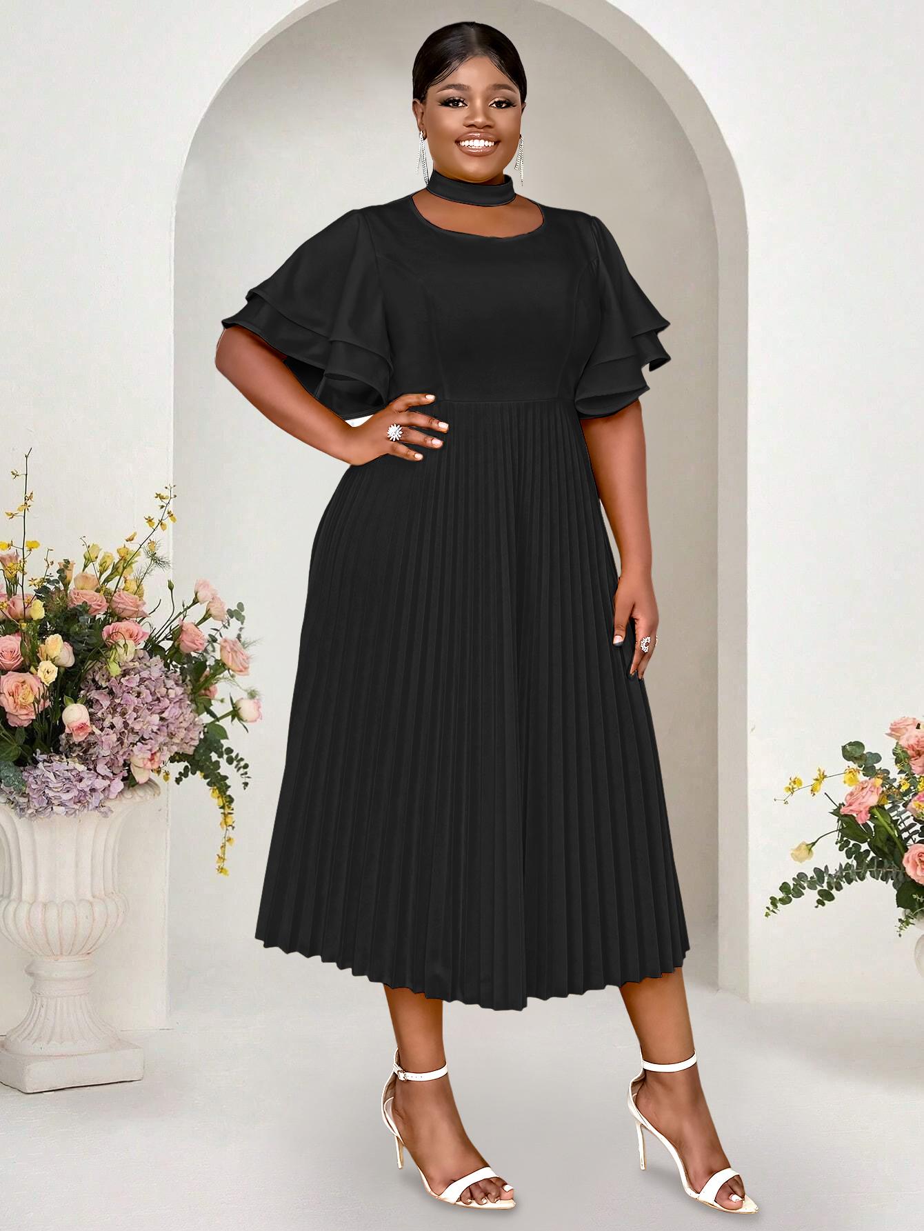 

AOMEI Жовті жіночі сукні А-силуету з круглим вирізом, короткі рукави з воланами, висока талія, плісе, офісні повсякденні щоденні вечірні сукні міді 3XL чорний