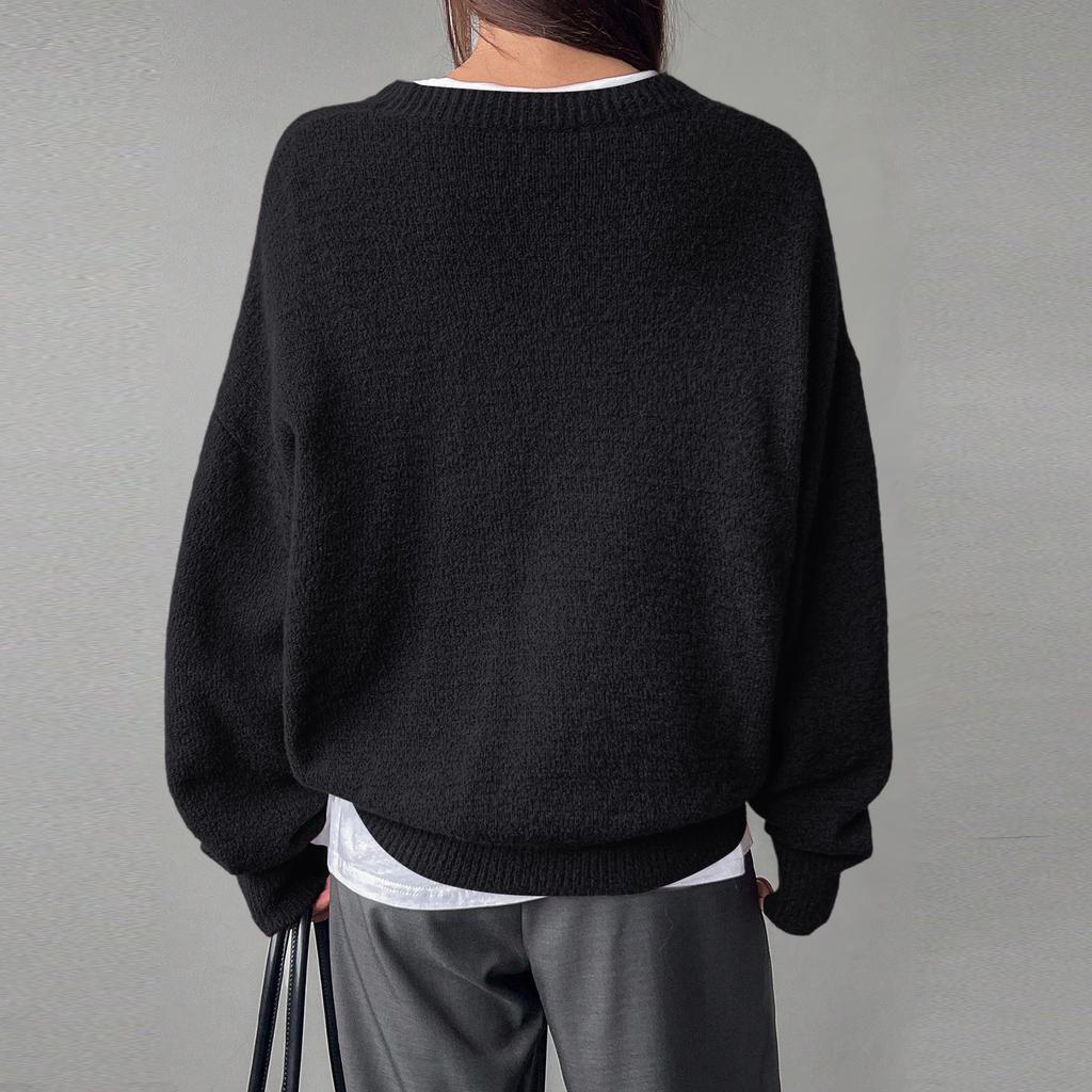 Pulover de damă la modă, casual, larg, versatil, stil leneș, cu mâneci lungi și gât rotund