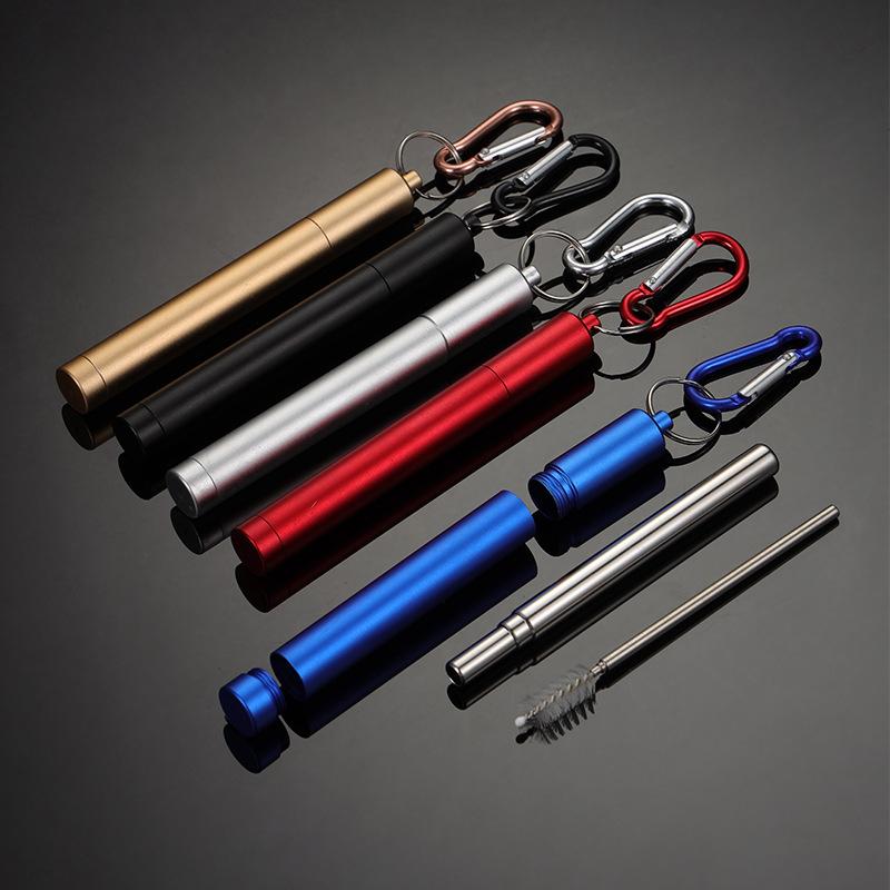 304 Stainless Steel Telescopic Straw Round Bottom with Mountaineering Buckle Multi-color Aluminum Shell Set Portable Straw